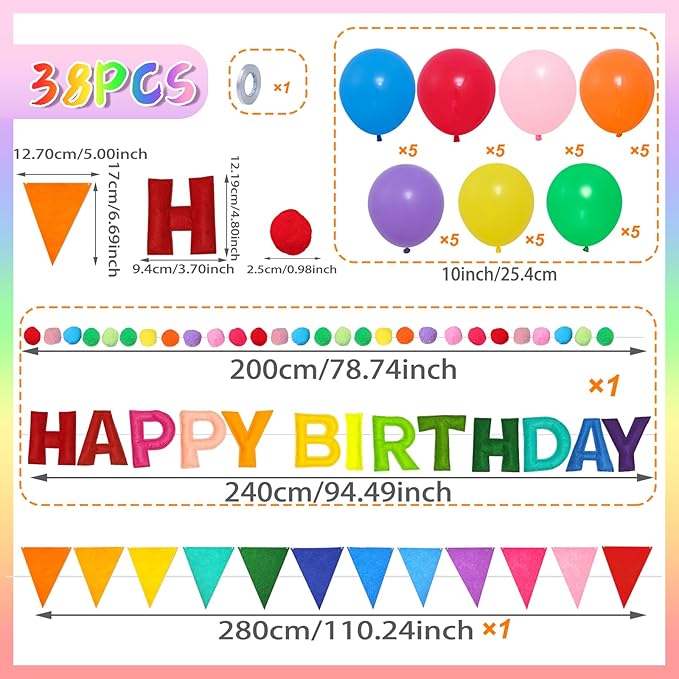 Pre-Strung 3D Happy Birthday Banner, 38 PCS Felt Ball Garland HAPPY BIRTHDAY Sign, Rainbow Pom Pom Garland, Triangle Fabric Bunting Party Banners, Reusable Rainbow Birthday Party Decorations for Girls Boys Women Men