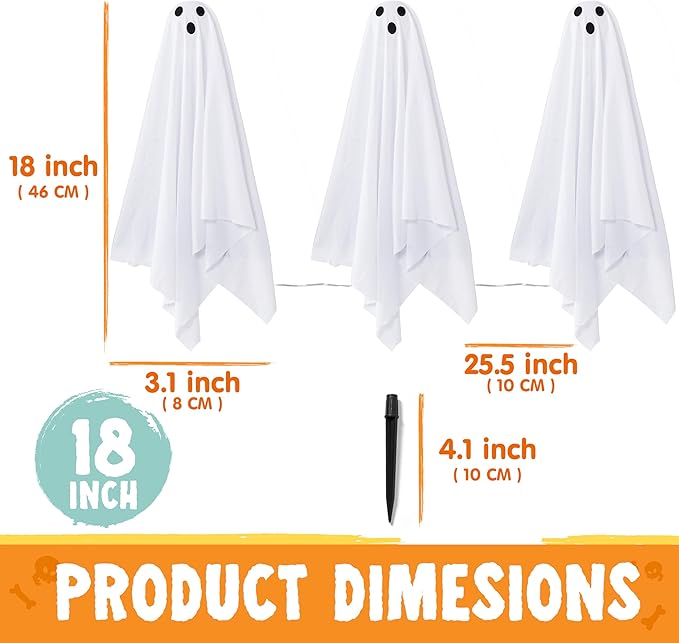 JOYIN 3 Pcs Halloween Decorations Outdoor Ghosts Pathway Lights, 18” White Cloth Ghost with White Light Up Yard Stakes for Graveyard Yard Lawn Garden Prop, Party Decor Supplies