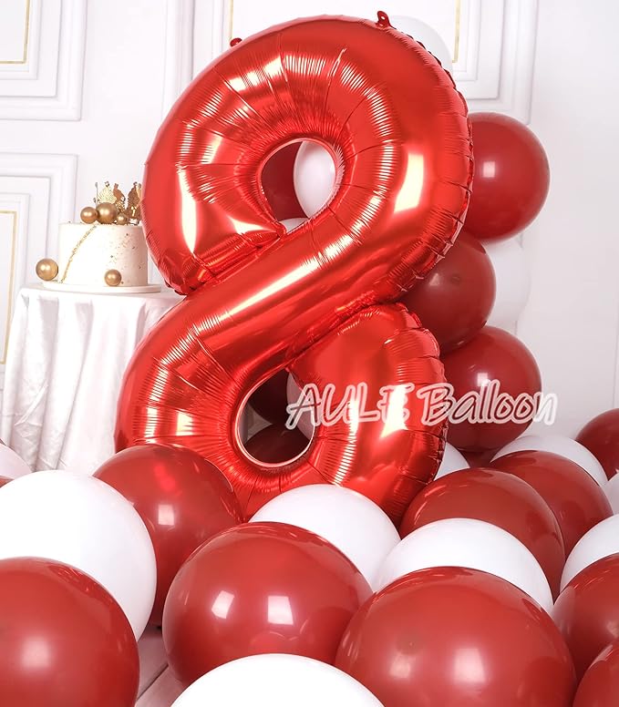 AULE 40 Inch Big Red 8 Balloon Number Large Foil Helium Number Balloons 0-9 Jumbo Giant Happy 8th Birthday Party Decorations for Boy or Girl Huge Mylar Anniversary Party Supplies