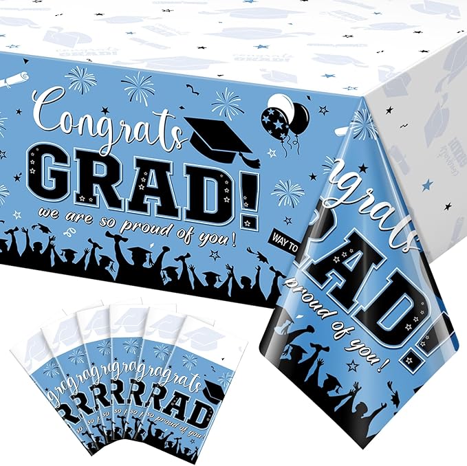 6 Pack Graduation Tablecloth Party Decorations, Class 2026 Congrats Grad Plastic Tablecover Party Supplies, Light Blue Rectangle Graduation Table Decorations for College High School Party, 54x108 Inch