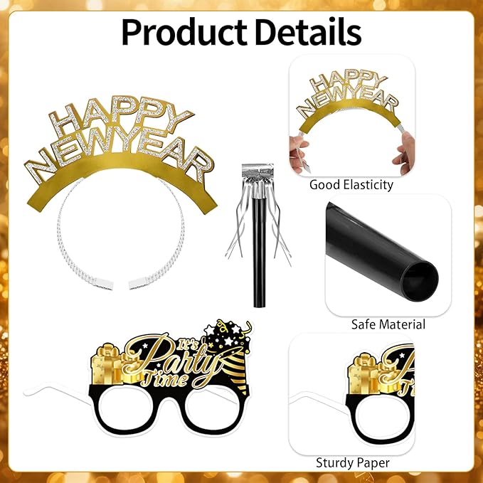 Openfly 36Pcs New Years Eve Party Supplies 2026 Happy New Year Hats Headband Tiara Noise Makers Paper Glasses Party Favors
