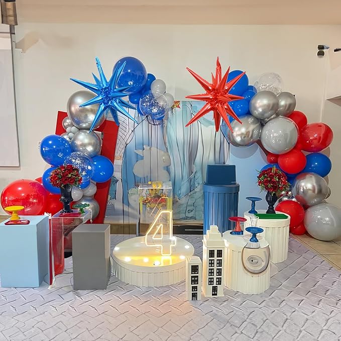 Red Blue Silver Balloon Arch Garland Kit, Red Royal Blue Latex Balloons 4D Ball Explosion Star Foil Balloons for Boys Baby Shower Party Graduation 4th of July Baseball Birthday Party Decor