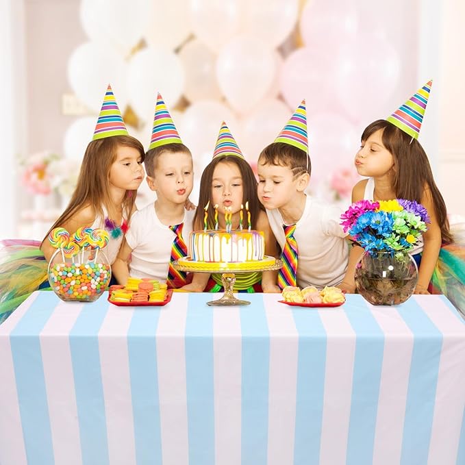 Kesfey 3 Packs Light Blue and White Striped Table Cloth 54 x 108 Inches Bluey Stripe Table Cover Disposable Plastic Beach Tablecloths Waterproof Rectangle Picnic Tablecover for Pool Birthday Party