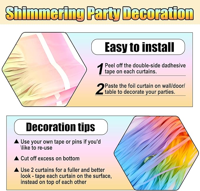 3 Pack Light Raainbow Foil Fringe Curtain Backdrop, 3.28Ft x 6.6Ft Metallic Tinsel Foil Fringe Streamer Curtains for Photo Booth, Christmas Day, Thanksgiving, Wedding, New Year Party Decorations
