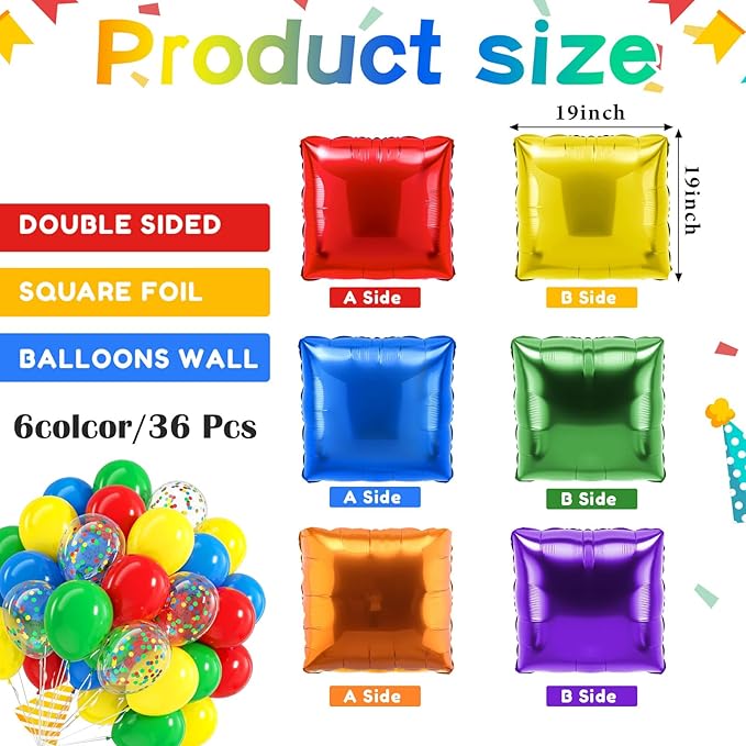 36 Pcs Rainbow Birthday Decorations Balloons Brick Square Foil Balloon Wall Backdrop Arch Kit Double Sided Metallic for Cartoon Video Game Party Supplies(Red Yellow Blue Green Orange Purple)