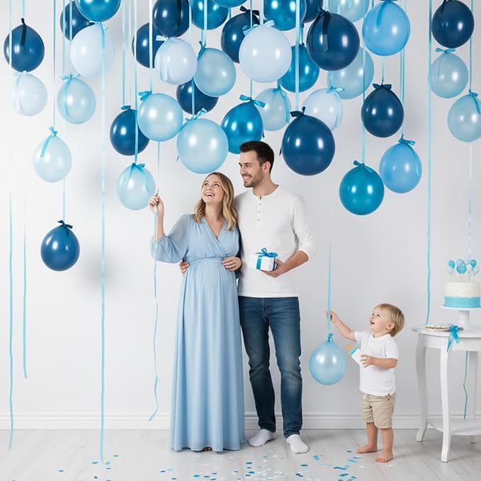 TaoBary 24 Set Pastel Blue Party Balloons, 12inch Gradient Blue Rainbow Latex Balloons and Gradient Ribbon Bows with Twist Tie for Baby Shower Birthday Party Bridal Shower Decor