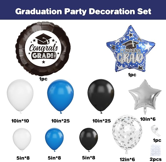 Graduation Balloon Arch Kit, 2025 Blue Black Party Decorations, Graduation Balloon Garland Party Decorations with Congrats Grad Hat Star Balloons for 2025 Grad Prom Supplies