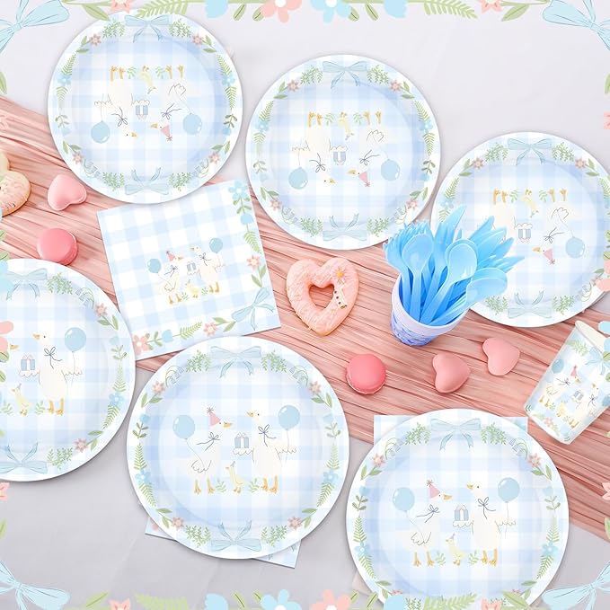 Havawish 175pcs One Silly Goose Birthday Party Tableware Set for 25 Guest Boy Blue Bow One Silly Goose Birthday Decor Baby Shower Plate Cup Napkin Fork Knife Spoon for 1st Party Decoration