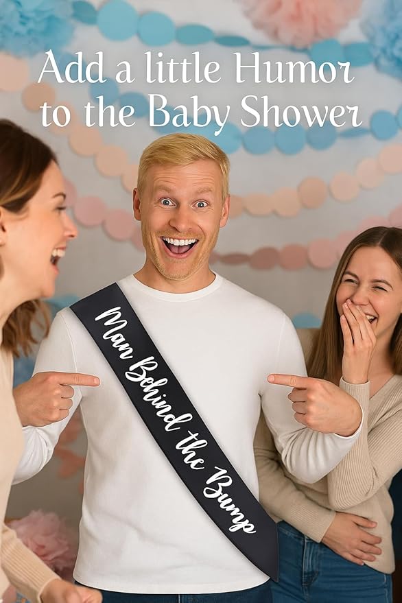 "Man Behind The Bump" Funny Baby Shower Sash for Daddy to Be, Baby Shower Party Decorations Gifts Supplies Dad to Be Baby Gender Reveal Ideas New Father Favors (Black and White)