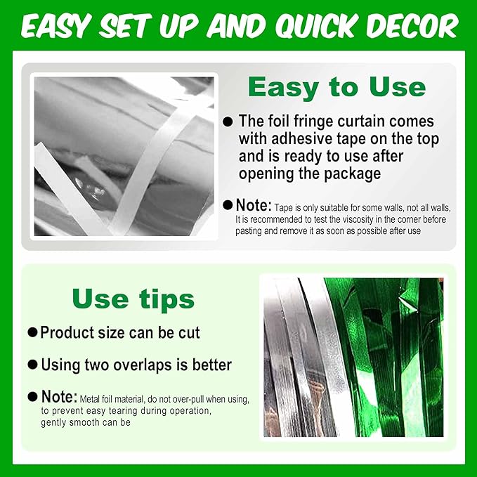 6 Pack Silver Green Foil Fringe Curtains Backdrop, 3.28 x 9.8 Ft Metallic Streamers Tinsel Curtains Background for Photo Booth, Birthday, Halloween, Christmas, Thanksgiving, New Year Party Decorations