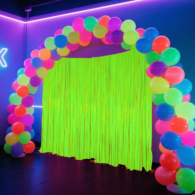 4 Packs Glow in The Dark Foil Fringe Curtain, Macaron Yellow Blacklight Reactive Fluorescent Tinsel Backdrop Neon Luminous Streamers for Birthday, Wedding, Neon Party, Glow Party Decorations Supplies