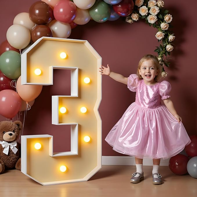 imprsv 3FT Light Up Numbers, Marquee Numbers 3 for Birthday and Anniversary Party Decorations, Large Light Up 3, Pre-Cut Foam Board Kit