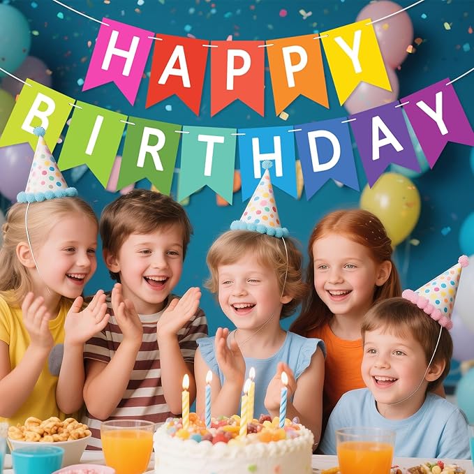 Happy Birthday Banner Sign, Birthday Garland Wall Door Hanging Banners Flag for Women Men Boys Girls Party Backdrop Decorations, Personalized Name Banner White Letters Colorful