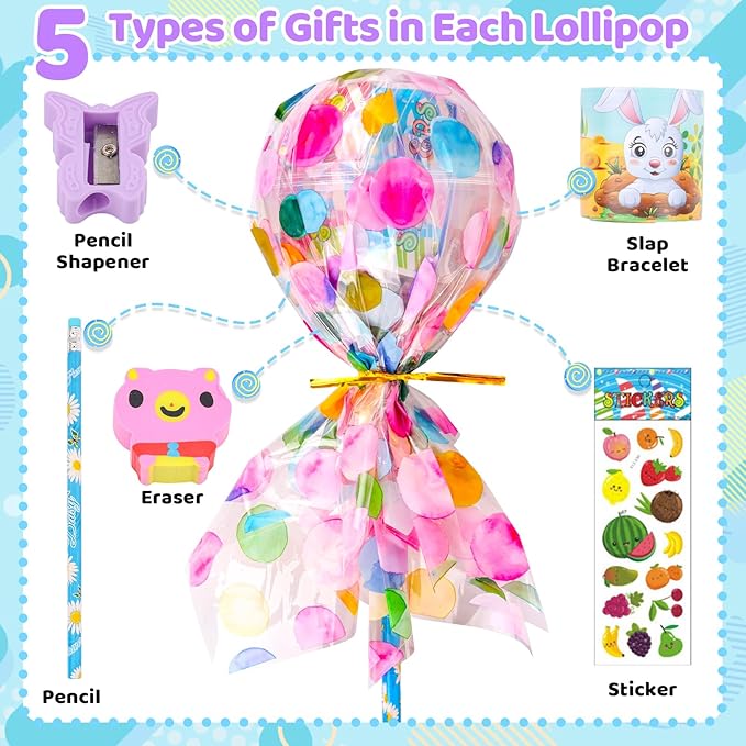 Giant Lollipop Birthday Goodie Bags, 24 Pack Lollipop Return Gifts for Birthday Party - Easter Stuffers Gifts for Kids Classroom Easter Students Gift