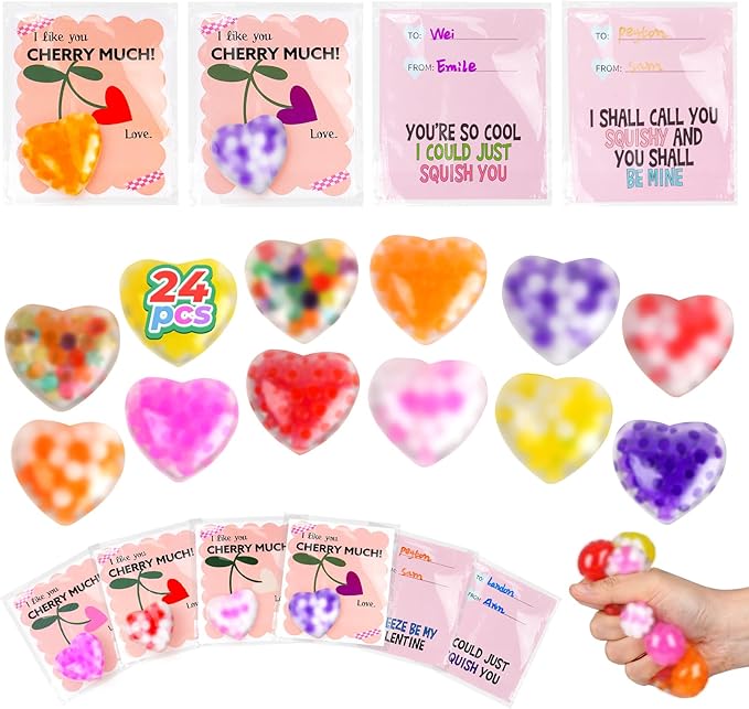 24PCS Valentines Squishies,Valentines Stress Balls for Adults,Valentine Day Cards Classroom Favors,Valentine's Bulk Fidgets Squishy Toys Party Favors Exchange Gift