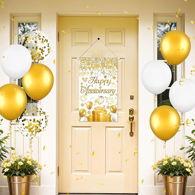 Anniversary Party Decorations White Gold Happy Anniversary Door Banner Sign Small Wedding Anniversaries Door Hanging Banner Porch Front Door Decor for Women Men Cruise Door Sign Supplies