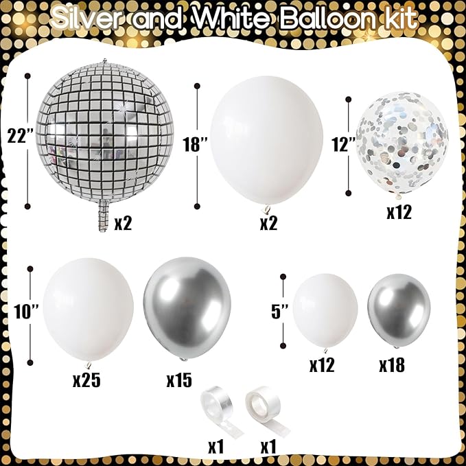 Disco Ball Arch Kit, White and Silver Balloon Garland With 22 Inches 4D Metallic Silver Mirror Balls, Confetti Balloons for Disco Party Decorations Halloween 80s 70s Decor Ornament