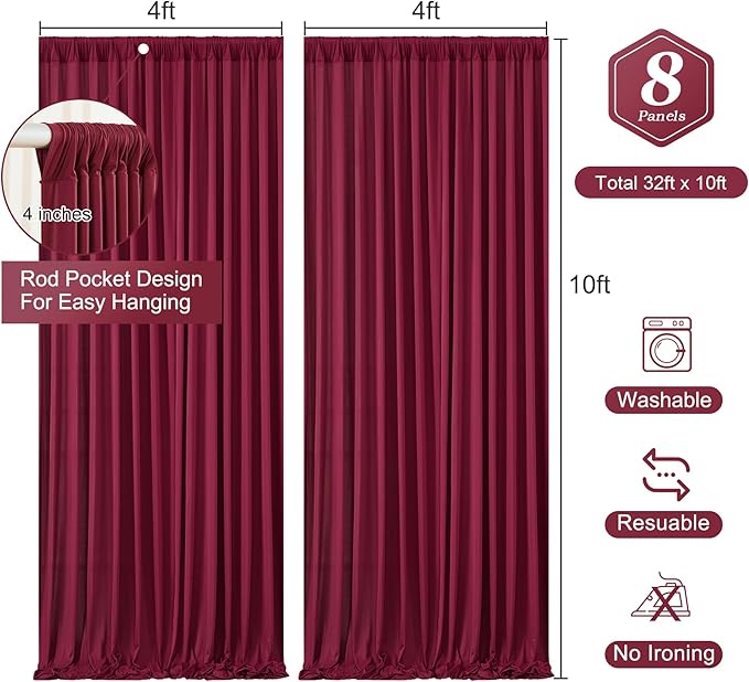 Burgundy Backdrop Curtains - 8 Panel Wrinkle-Free Polyester Photography Drapes for Baby Shower & Birthday Party - 32 X 10FT