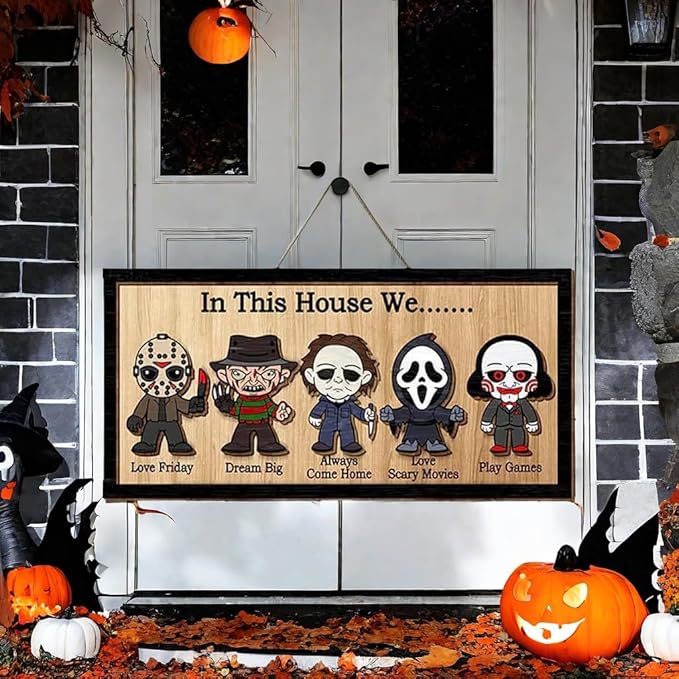 In This House We Horror Halloween, 2 Layered Frame Wood Sign, Halloween Signs, Wall Hanging Scary Decorations, Haunted Party, Spooky Movie Characters decor for Indoor Outdoor Wall Desk (HANG)