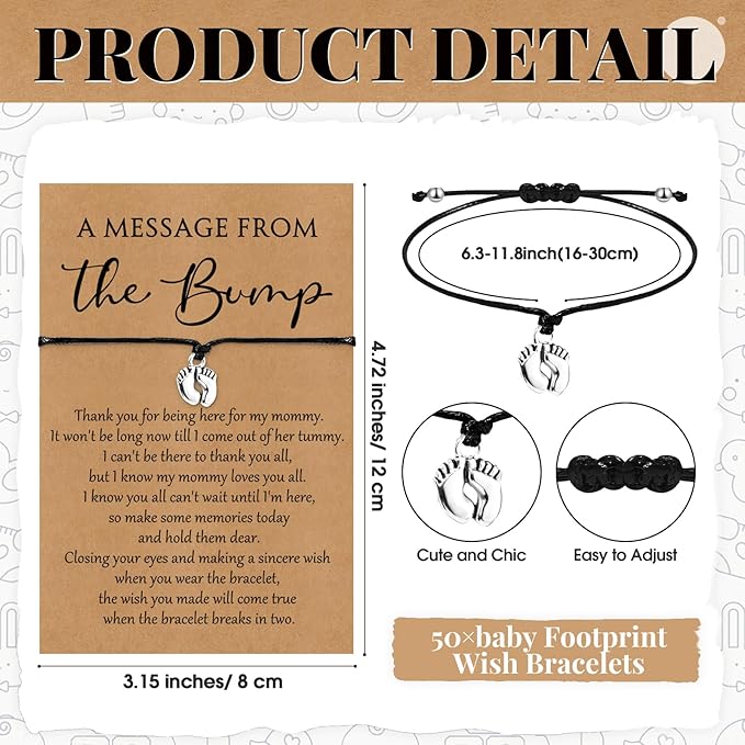 Thyle 50 Set Kraft Baby Shower Favors for Guests Adjustable Bracelets with Message from The Bump Card Footprints Charm Baby Shower Bracelets for Gender Reveal Thank You Gifts