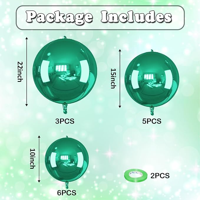 14 Pcs Green Round Foil Balloons 22/15/10 Hunter Emerald Forest Green Metallic 4D Ball Balloon Ornament Mylar Balloon Chrome Birthday Grad Wedding Anniversary Safair New Year Disco Party Decor