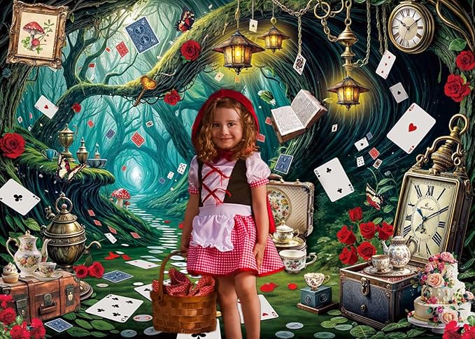 Wonderland Tea Party Backdrop Green Leaves Checkerboard Photography Background Wonderland Girls Kids Birthday Party Party Decoration Banner Supplies (94x70inch(8x6FT))