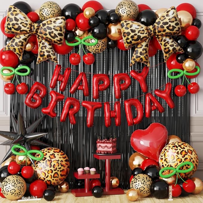 Red Black Cheetah Print Birthday Decorations Balloons Kit, 112Pcs Red Black Gold Latex Balloons with Bow Heart Happy Birthday Foil Balloon and Fringe Curtain for Girls Women