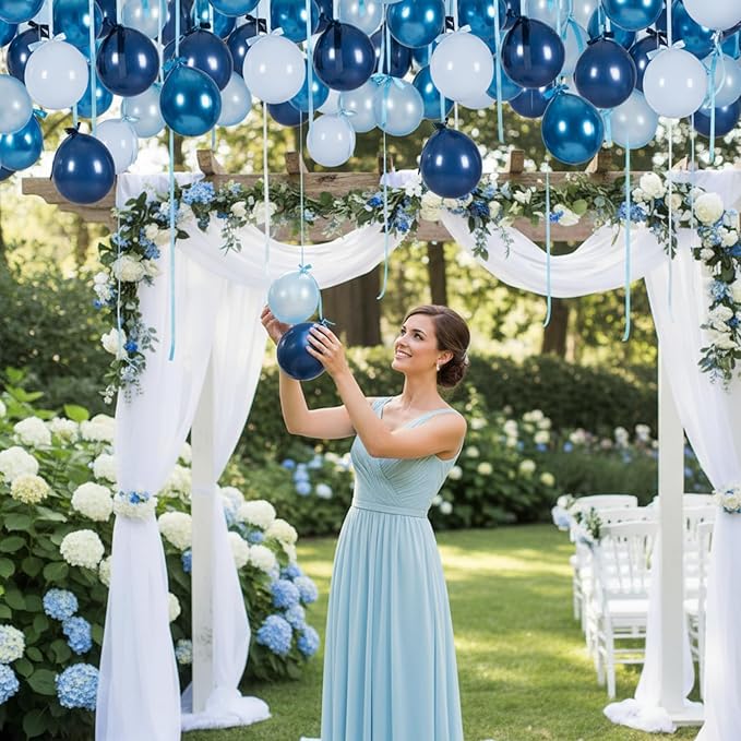 TaoBary 24 Set Pastel Blue Party Balloons, 12inch Gradient Blue Rainbow Latex Balloons and Gradient Ribbon Bows with Twist Tie for Baby Shower Birthday Party Bridal Shower Decor