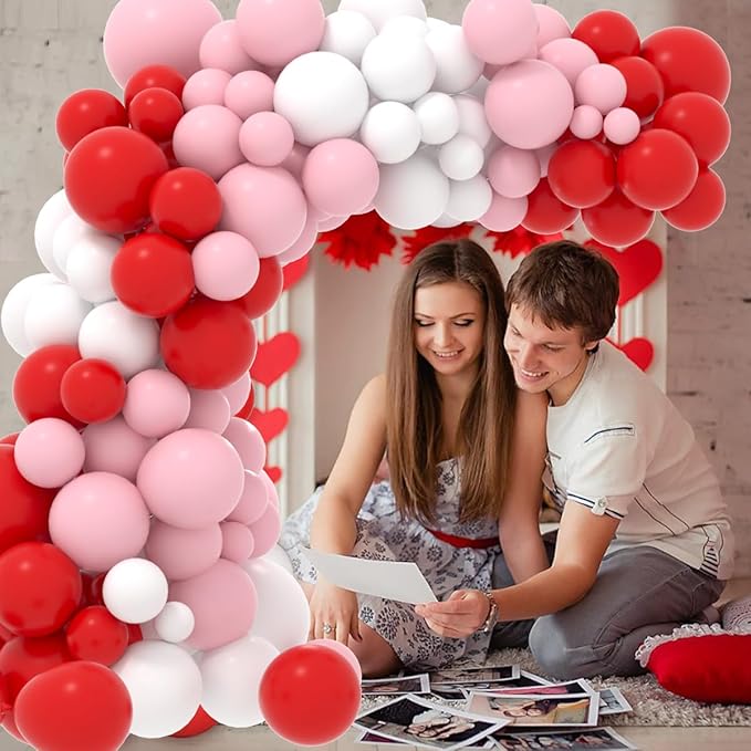 Red Pink White Balloon Arch Garland Kit, 122PCS Red Light Pink White Party Balloons for Birthday Proposal Wedding Engagement Anniversary Bridal Shower Galentines Day Party Romantic Decorations