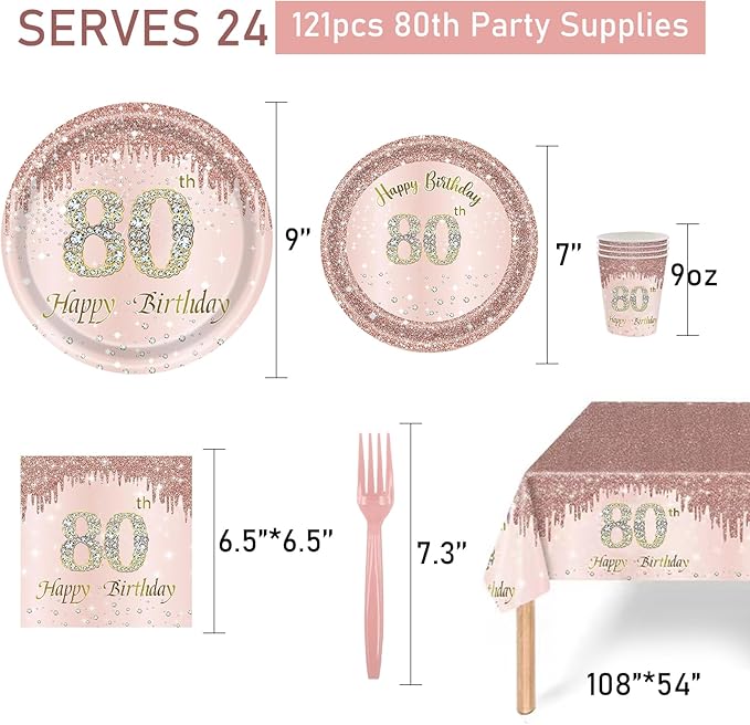 121Pcs 80th Birthday Party Supplies Plates Napkins Cups Forks Tablecloth Rose Gold Happy 80th Birthday Themed Disposable Tableware Decorations Serves 24 Guests for Women 80 Years