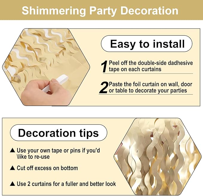 4 Pack Champagne Gold Wave Foil Fringe Curtain Backdrop, 3.28Ft x 8.2Ft Metallic Tinsel Foil Fringe Streamer Curtains for Photo Booth, Mother's Day, Easter, Birthday, Wedding Party Decoration