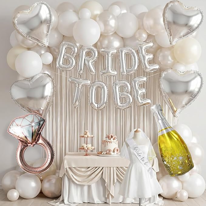Silver Decorations pearl White balloons Bridal Veil BRIDE TO BE Balloons Sash with Diamond Ring Heart Champagne Balloons Bridal Veil for Bachelorette Party Decor Bride To Be Bridal Shower