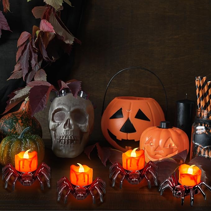 6 PCS Halloween Tea Lights Candles, Battery Operated Halloween's Flameless LED Candles, Spider Tealights Spooky Electric Flickering Fake Candle for Halloween Party Decorations