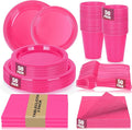 Hot Pink Plastic Plates for Party,50 Guest Disposable Plastic Plate Set 9" Plates,7" Dessert Plate,Napkins,Cups,Forks & Tablecloth for Girls Women,Summer Party,Birthday