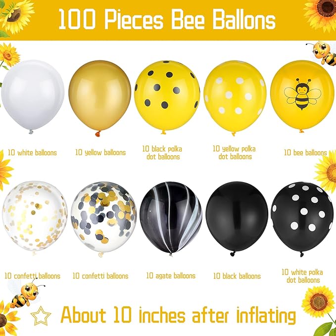Skylety 100 Pcs Bee Balloons Decorations Kit Happy Bee Day Dots Balloon Confetti Black Yellow Latex Favor for Birthday Party Decoration