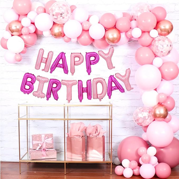 TONIFUL Happy Birthday Balloons Banner 16 Inch Mylar Foil Letters Birthday Sign Reusable for Girls Boys Kids & Adults Birthday Party Decorations Supplies（Hot Light Pink）