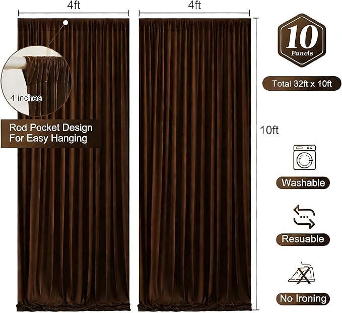 Dark Brown Backdrop Curtains-Wrinkle-Free Polyester Photography Drapes Party Curtain Background for Baby Shower Wedding Decorations- 40 X10FT