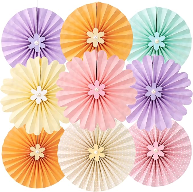 Pastel Paper Fans, Pastel Decorations for Party, Birthday, Classroom, Birthday, 9 PCS Yellow, Pink and Purple Pastel Paper Flower Decorations for Baby Shower, Wall Decor