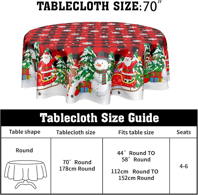 Christmas Round Tablecloth 70 Inch Xmas Snowman and Snowflake Pattern Circle Table Cloth Red Plaid Table Cover Winter Washable Polyester Decor for Home Kitchen Dinning Party