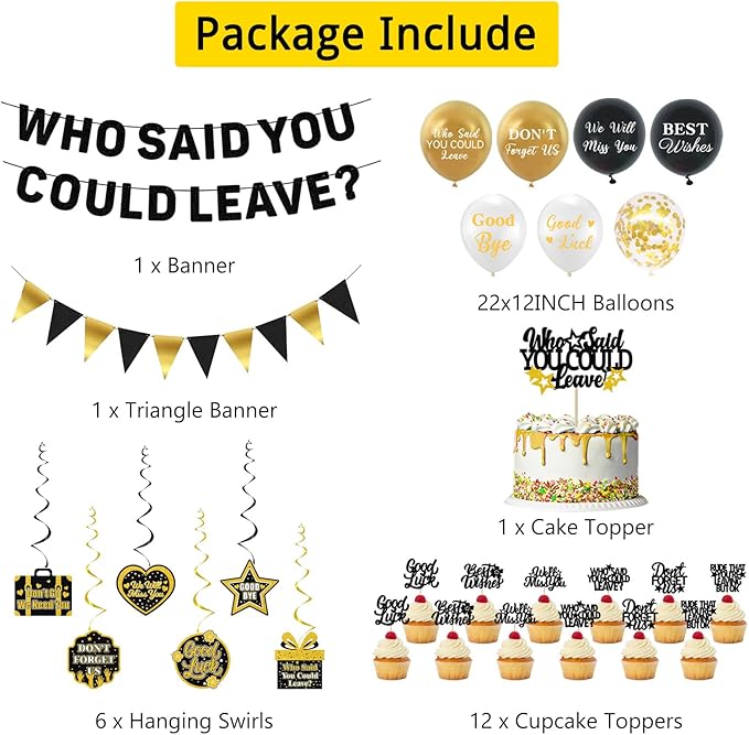 Roetyce Farewell Party Decorations, Who Said You Could Leave Banner Cake Toppers Balloons Hanging Swirls, Going Away Retirement Leaving Party Decorations for Men Women, Coworker Goodbye Party Supplies