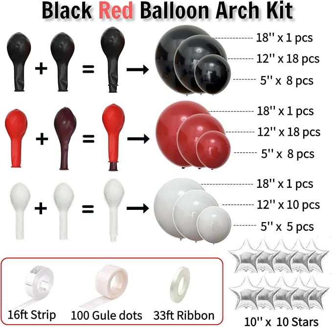 Red Black White Balloon Arch Kit with Silver Star Foils – Double Stuffed Balloons in 5” 12” 18” Sizes for Graduation, Birthday, Retirement, Racing, Casino, Poker Party Decorations