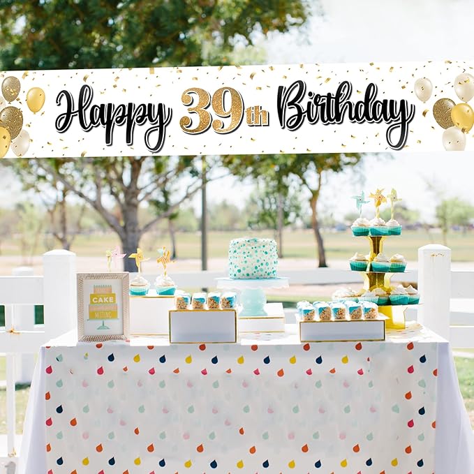 Happy 39th Birthday Decorations,39th Gold Balloon Large Birthday Hanging Banner Sign,39 Years Old Bday Party Supplies.