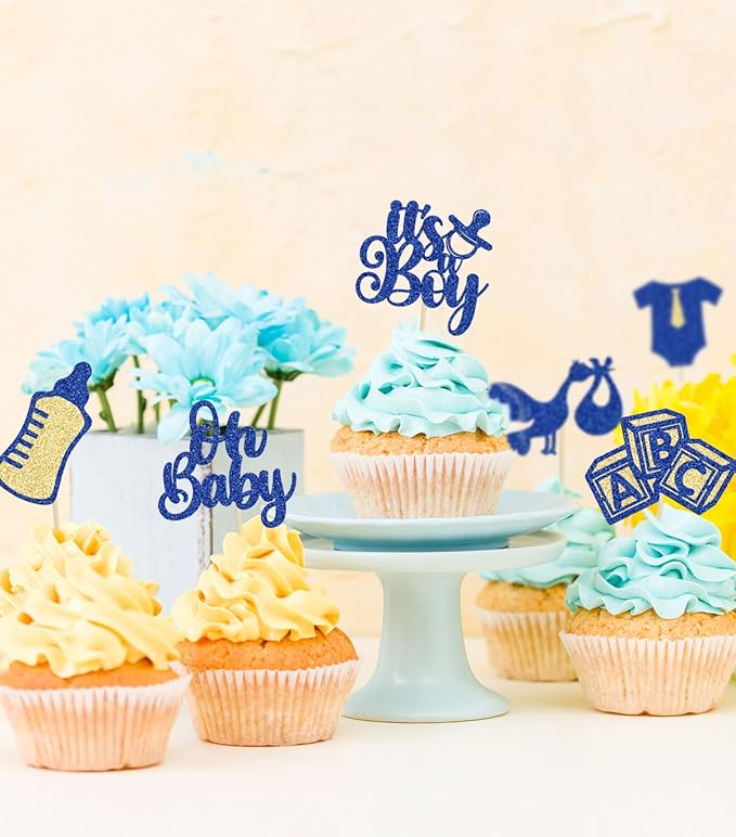 Gyufise 24Pcs Baby Shower Cupcake Toppers Glitter Tie Onesie Baby Bottle Oh Baby Cupcake Picks It's a Boy Cake Decorations for Baby Shower Gender Reveal Kids Boys Birthday Party Supplies Deep Blue