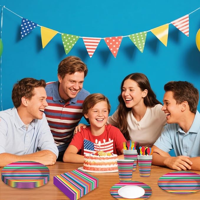 140PCS Mexican Serape Fiesta Plates and Napkins Set, Fit Mexican Themed Paper Dessert Plates, Taco Colorful Stripes Pinata Ponchos Platters Dance Party, Serves 20 Guests