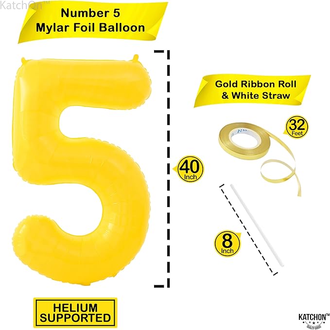 KatchOn, Yellow Number 5 Balloon - Giant, 40 Inch | Yellow 5 Balloon, 5th Birthday Decorations for Boys | 5th Birthday balloon for 5 Year Old Birthday Decorations, Anniversary