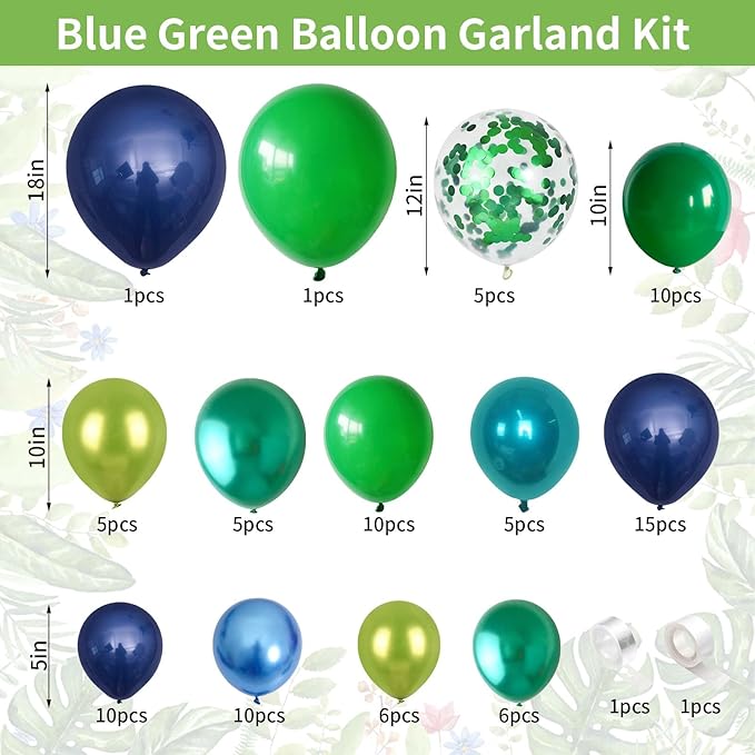 Blue and Green Balloon Garland Kit, Navy Blue Dark Green Balloon Garland Arch Kit with Double Layer Chrome Blue Balloons, Metallic Green Blue Balloons Green Confetti Balloons for Birthday Party Decor
