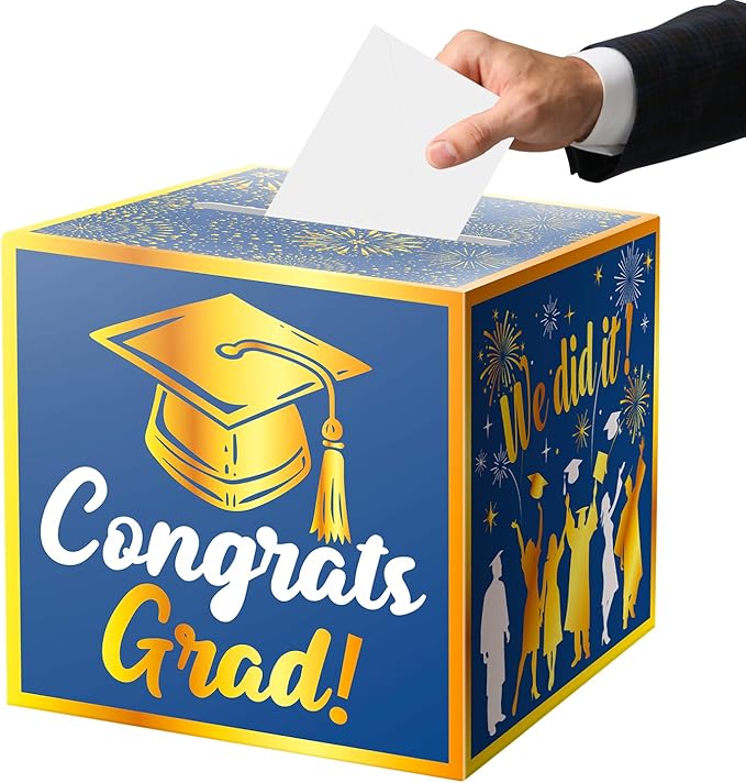 JWSCYSY Graduation Card Box Holder, Congrats Grad Foldable Cardboard Decorations Box for Graduation Party Favors Decor Party Supplies (Blue Gold)