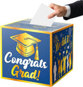 JWSCYSY Graduation Card Box Holder, Congrats Grad Foldable Cardboard Decorations Box for Graduation Party Favors Decor Party Supplies (Blue Gold)