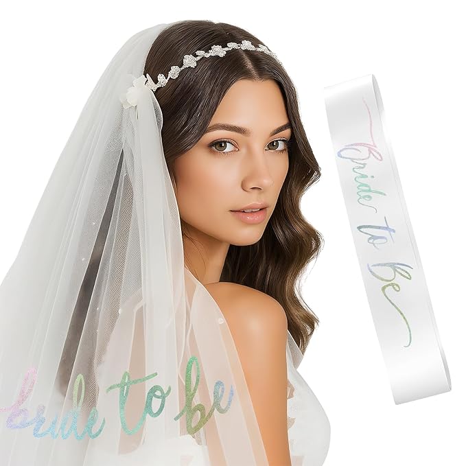 Iridescent Bride to Be Sash Veil for Bachelorette Party Decorations, 2 Pack Bride to Be Decorations Set for Women and Girls, Pastel Bridal Shower Gift, Last Disco, Wedding Engagement Gifts for bride