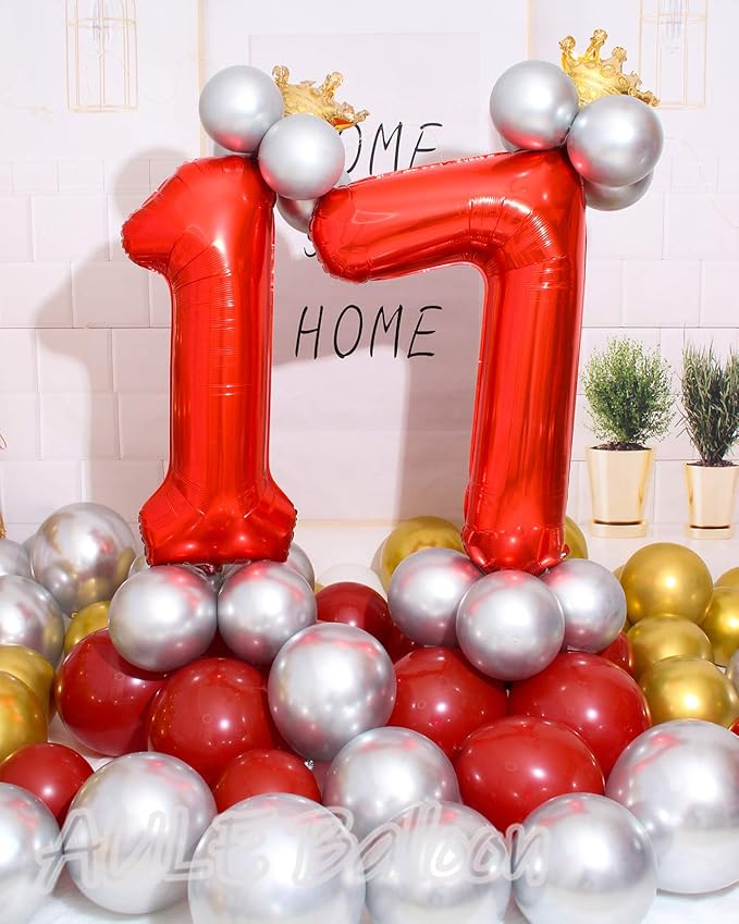 AULE 40 Inch Big Red Foil 17 Number Balloons for Girl Large 17th Happy Birthday Decorations Giant Huge Helium Mylar 71 Anniversary Party Decor